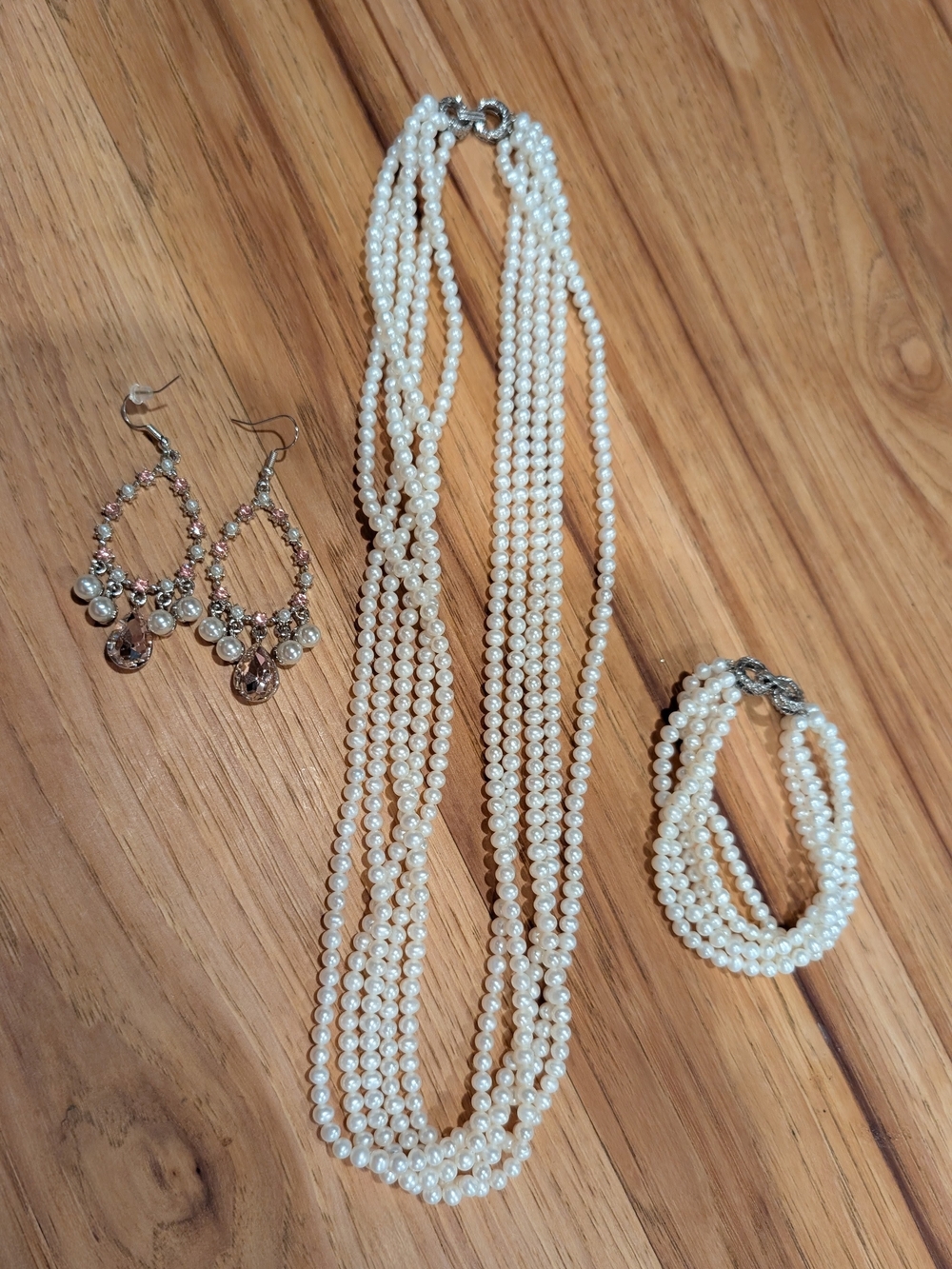 Multi-Strand White Natural Pearl Necklace and Bracelet Set with Silvertone Clasp